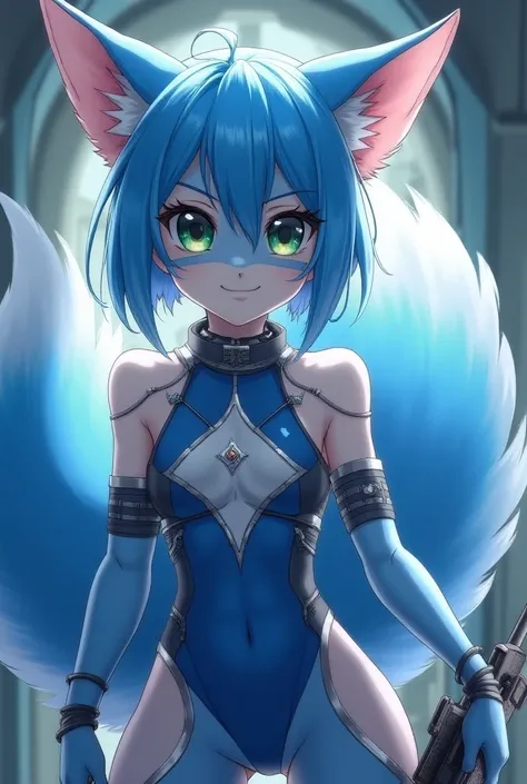  Generates the super realistic anime style image 

" jewelry anthropomorphic vixen warrior looking like a blue fox .  She has bright blue fur with details white around your mouth and chest.  His eyes are large and expressive with long eyelashes of a deep g...