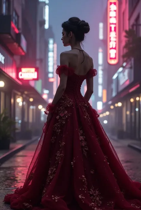 A stunning Victorian-era gown, intricate design, dramatic neon-lit futuristic cityscape, cinematic lighting, timeless elegance, strong contrast, ultra-detailed, photorealistic, 8k, masterpiece