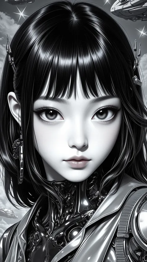 ((best quality)), ((masterpiece)), (detailed), perfect face of cyberpunk mecha japanese girl, young, pure, pale, face blush, shiny black eyes, shiny black body, shiny black hair, ((monochromatic black color palette)), surreal, art nouveau, in the illustrat...