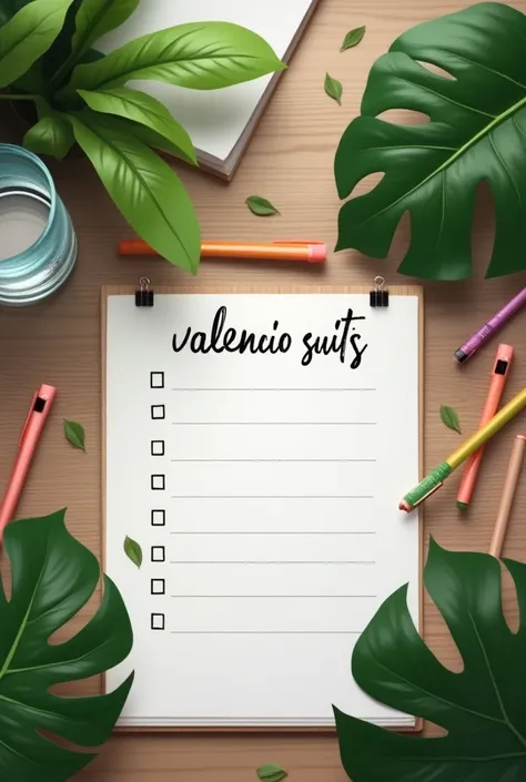  A to-do list on the table in perspective,with leaves,pens a glass of water and a phrase  "Valencio Suits "