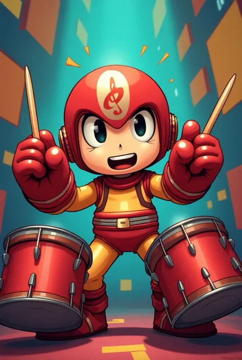 Character from the game Bomber Man playing drums