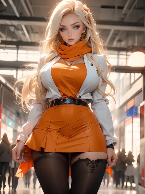 1 girl, work of art, Better quality, High quality, Olga_maria, White_Hair, orange_eyes, LONG Hair, Hair entre os eyes, long sleeves , jacket, red scarf, dress, skirt, pantyhose, Hair muito comprido, cowboy shooting, legs on show, big ass, thick muscle coxa...