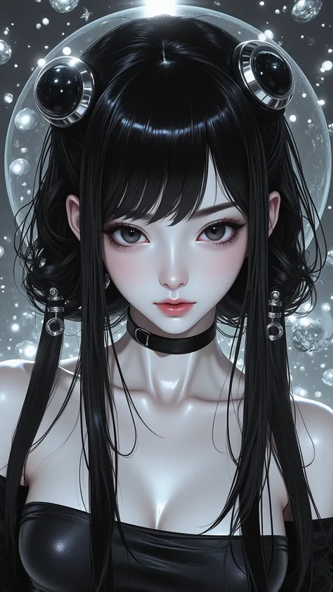 ((best quality)), ((masterpiece)), (detailed), perfect face of cyberpunk mecha japanese girl, young, pure, pale, face blush, shiny black eyes, shiny black body, shiny black hair, ((monochromatic black color palette)), surreal, art nouveau, in the illustrat...