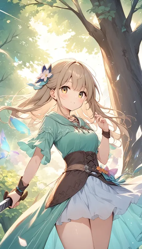   bright lines and soft colors create a dreamy effect., Fleeting Impressions..,One Woman、The Old Tree House   、  A Girl Holds an Iron Sword  、Holding a sword、cute、  fantasy 、  fantasy  皮の鎧、Villager、 sexy、((Poor))、Clothes are tattered 、Clothes light brown 、