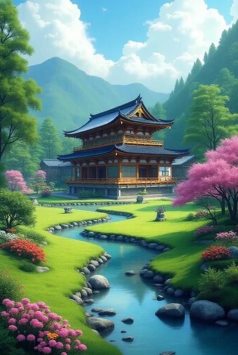 Japanese temple with streams , flores,  fields in size 120x60 ,  must be realistic as painted in nature 