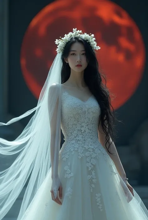 a beautiful  bride, with black hair, veil and white cherry blossom wreath, pale, bluish skin, white lace dress with silver and translucent details, in the background an altar with a red moon in a dark eclipse