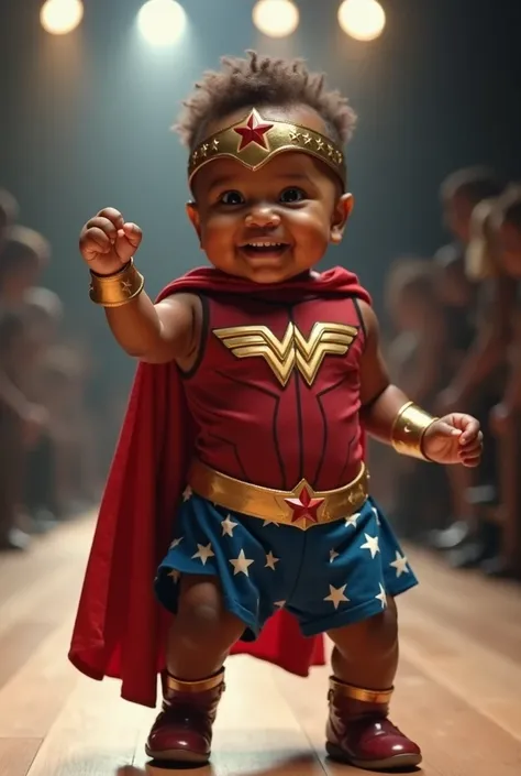 Cute black baby dressed as Wonder Woman in your full costume, realistic full body fashion show