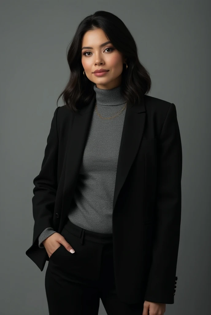 
"Create a realistic image of a beautiful woman with dark hair and eyes, standing against a gray background. She has detailed facial features and well-defined hands. She is wearing a gray high-neck knit sweater, black wide-leg pants, and a black blazer. Th...