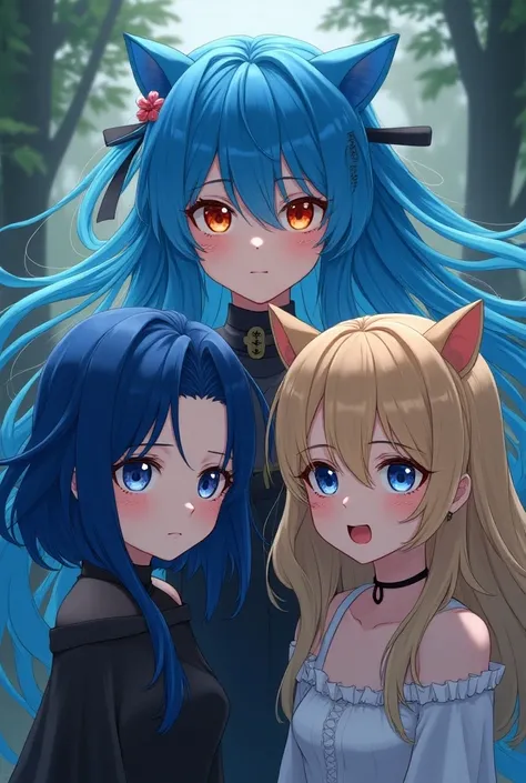 A girl with long blue hair like Konan and orange eyes and a blonde girl with blue eyes and cat stripes on her cheeks adults with a  with blue hair and blue eyes anime