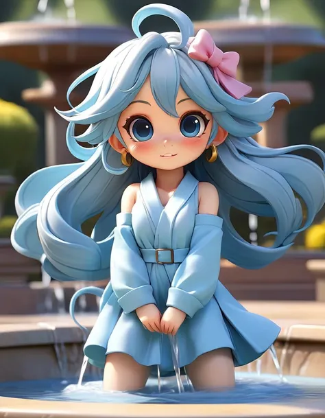  light blue long hair　Twin-tailed Chibi Character、Coveralls、 playing with a smile in the big fountain　Fountain blue sky 　Full Body Espian　