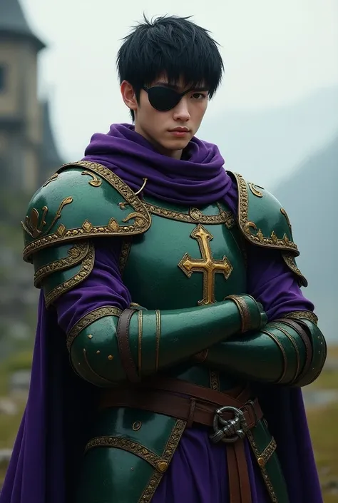 young man,  purple and green armor, medieval clergyman , eye patch,  short black hair , brown eye