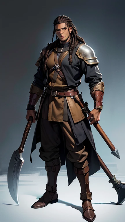 medieval fantasy world, mercenary, man, black skin man in his 20s, shaved hair, dreadlocks hair, brown hair, muscular, big, holding an ax, plain background, leather clothes, wearing ordinary clothes, leather armor, Anime Man