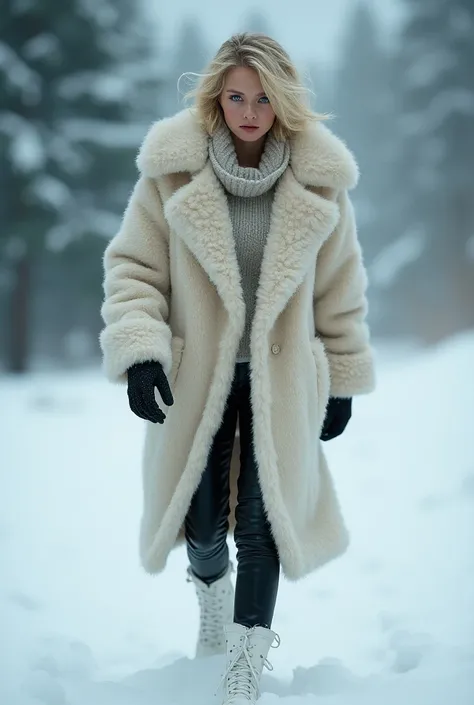 photorealism woman , dynamic blond krótkie poszarpane włosy , duze niebieskie błyszczace oczy , dressed in a fluffy, knee-length cream coat , very fluffy warm coat , long-haired sheepskin , black leather pants and winter high white snow boots , shiny skin ...