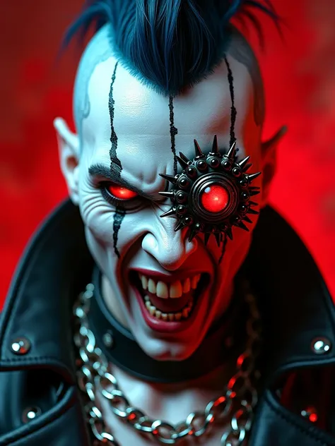 A character embodying a gothic, punk style with cyberpunk elements. The character has stark white skin, contrasted with intense, red glowing eyes. Prominent, sharp teeth are visible in a wide grin, enhancing a menacing expression. The face features multipl...