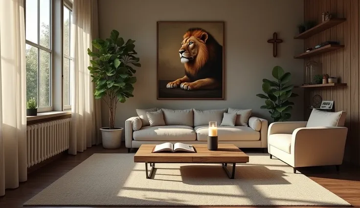  A cozy and minimalist living room ,  inspired by the Christian faith ,  but without traditional symbols such as the cross .  The environment consists of a dark wood floor ,  with a neutral and textured carpet in the center .  A rustic wooden coffee table ...