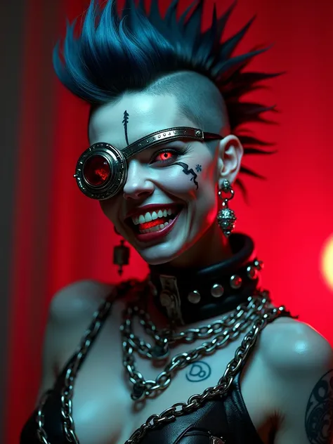 1girl, gothic punk style, cyberpunk elements, stark white skin, intense glowing red eyes, prominent sharp teeth, wide menacing grin, deep black stitched criss-cross scars, large metallic eye-patch on forehead with cyclopean ominous red eye, raised dark spi...