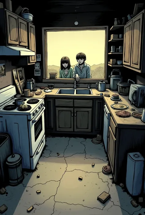 A house hidden inside the kitchen of the survivors of a zombie apocalypse,  type of the image in the modern American comic type