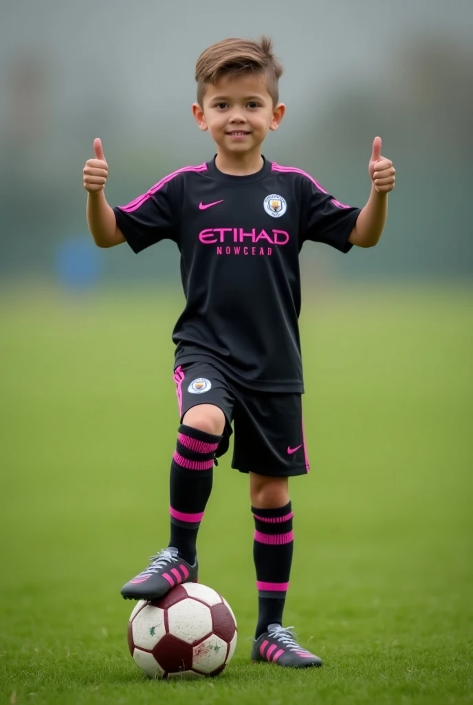  Generate a ten-year-old boy wearing the Clubs soccer uniform  "Manchester city".  Both the shirt and the shorts and the socks are black with pink details .  The boy is showing both thumbs of his hands forward and with one foot he is stepping on a soccer b...