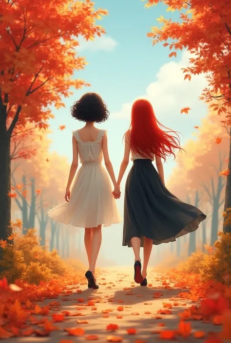 First make an autumn background ,  that is everything that characterizes autumn , that is very realistic.  And do two girls on their backs , that is super realistic,  one is red-haired and the other is black , with red dresses,  holding hands and walking ,...