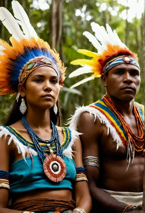 Give me an image of a dark-skinned Brazilian indigenous couple with their typical robes adorned with feathers of various colors and sewing typical of their people. She is seated and he is standing , with a spear in his hands.  they both look serious and se...