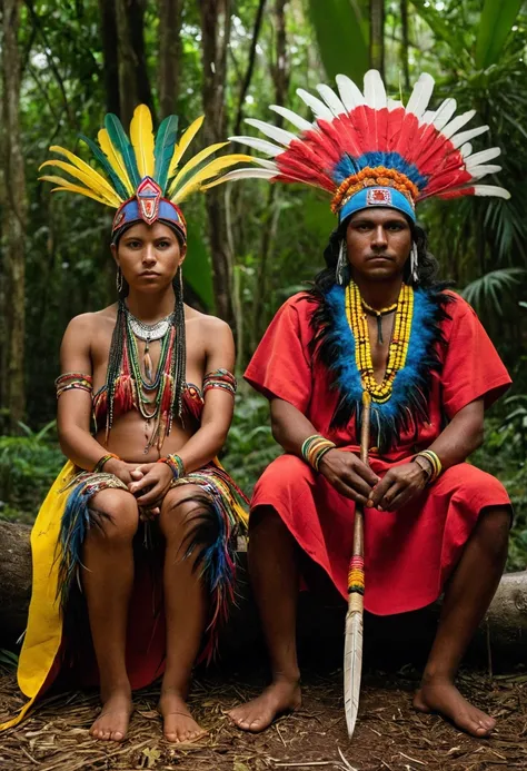 Give me an image of a dark-skinned Brazilian indigenous couple with their typical robes adorned with feathers of various colors and sewing typical of their people. She is seated and he is standing , with a spear in his hands.  they both look serious and se...