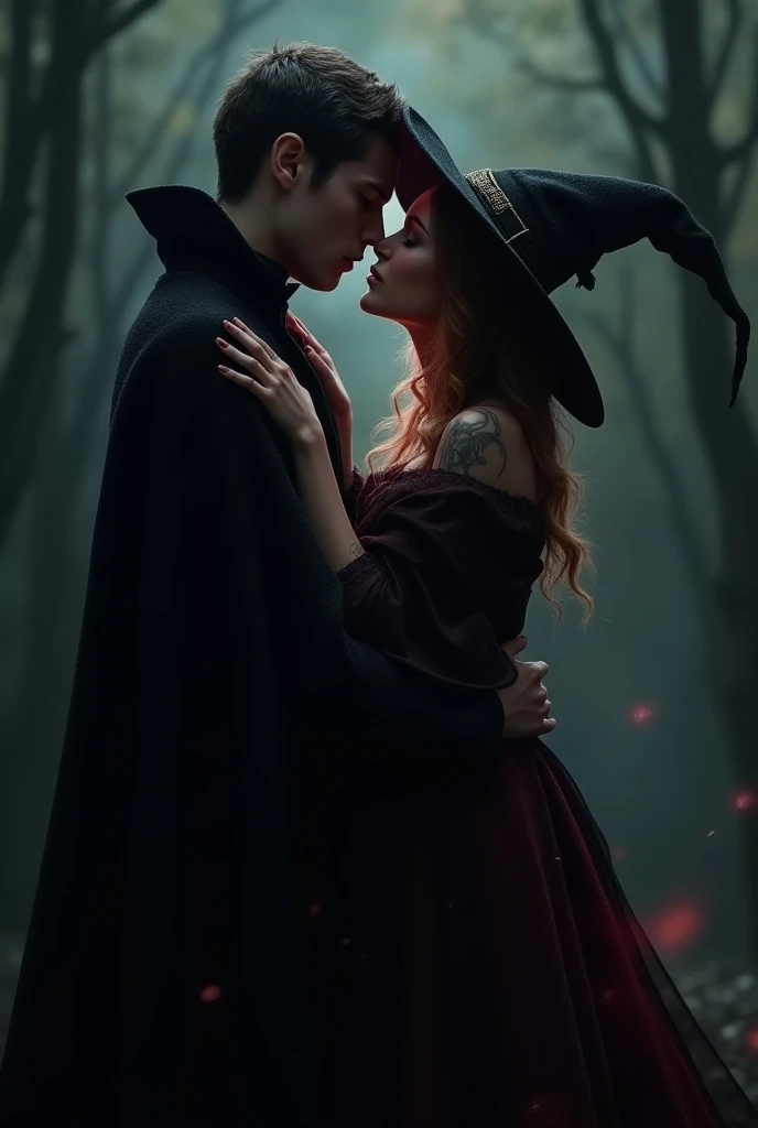 Vampire and a witch with their hat in love
