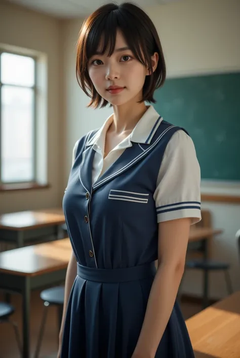 (masterpiece, best quality), 1woman, 17years old, solo, Japanese girl, Beautiful girl, Super beautiful face, real face, detailed, short hair, Bangs, perfect body, (school uniform, sweaty wet fabric, huge breasts, pleated skirt), smile, sexy pose, standing ...