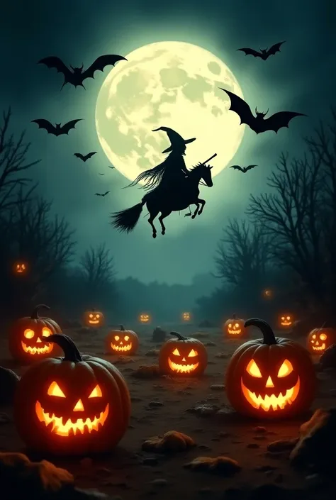 A Halloween setting with glowing pumpkins ,  bats and a passing witch flying on a broom in the background with a bright full moon