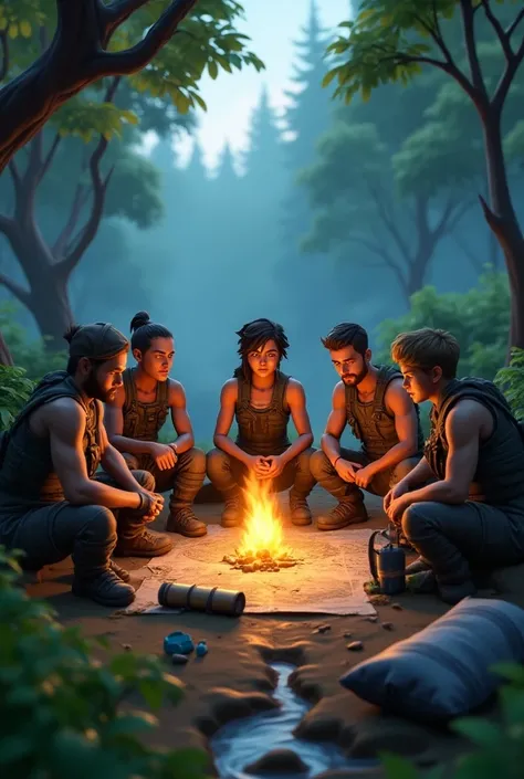 Fornite players meeting at a ,  camp discussing strategies to overcome the water crisis.