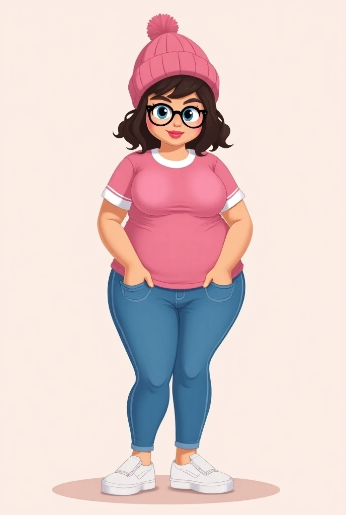 Pawg female, brunette medium length bowl hair style, blue eyes, pink T-shirt with white frame neck hole and sleeve hole,blue jean pants, pink lipstick on lips, pink beanie, black circles framed glasses, white slip-on shoes, cartoon style 