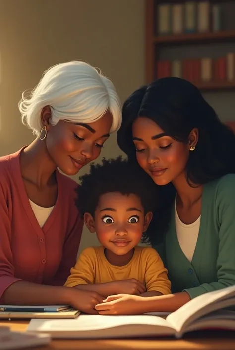  Create an image of three teachers , Two black women one brown, , the brown-haired woman with long curly black hair and the oldest black woman with short white hair and the youngest black with medium straight hair black, a baby child 