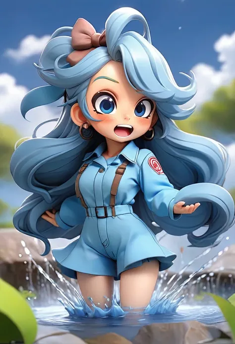  light blue long hair　Twin-tailed Chibi Character、Coveralls、Im playing with a smile in a big big fountain with lots of water spewing out　Fountain blue sky 　Full Body Espian　