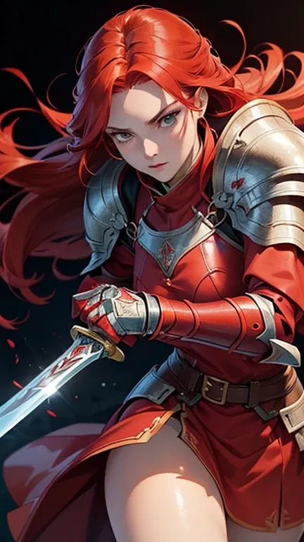 a close up of a woman in a dress with a sword, cushart krenz key art feminine, female redhead templar, redhead queen in heavy red armor, fus rei, stunning character art, epic exquisite character art, portrait knights of zodiac girl, of a beautiful female k...