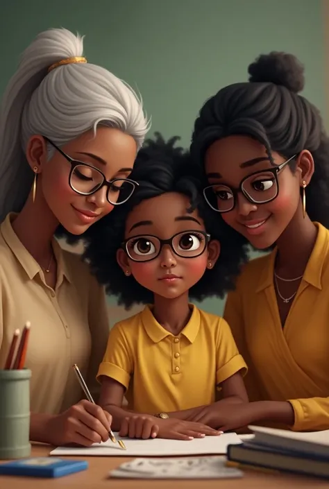  Create an image of three teachers , Two black women one brown, , the brown-haired woman with long curly black hair and the oldest black woman with short white hair and the youngest black with medium straight hair black, a baby child , The three teachers w...