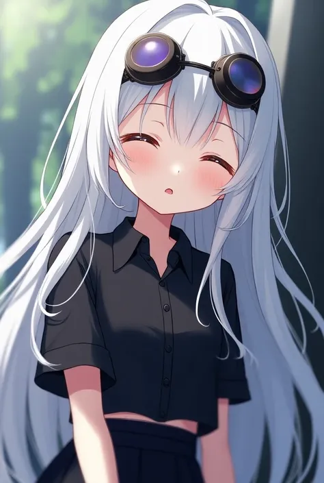 Anime girl with white hair , lenses above the head ,  a black shirt a little bare above, slightly short black pants and a skirt and cute face with closed eyes