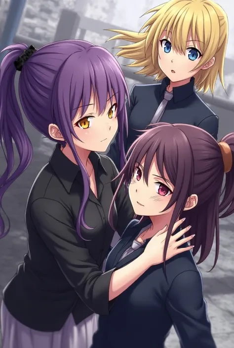 A girl with long purple hair like Konan and orange eyes and a blonde girl with adult blue eyes and scratches on her cheeks with a  with purple hair and blue eyes and scratches on her cheek anime