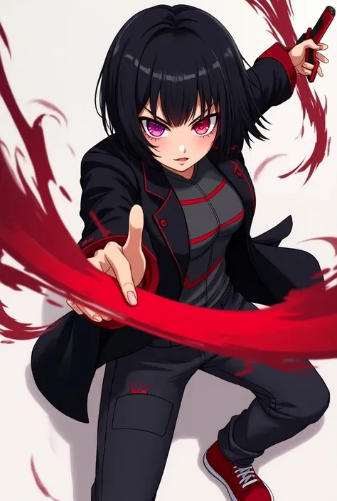  Light-skinned girl with black hair at chin length ,  wearing an open black overcoat with red details on the edges ,  wearing a dark gray shirt under the overcoat with two horizontal red lines half thick on the chest line. He wears dark gray pants and a pa...