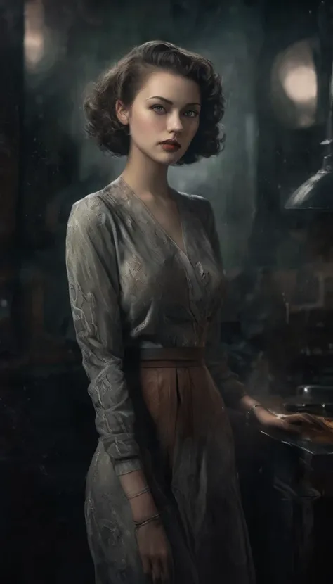 a beautiful young supermodel woman, lean body, bob hair cut, detailed face, (closeup:1.2), gorgeous, undercover agent, (wearing a retro dress:-0.3), city street, (1940s style:1.2), snowy, retro style, aesthetic, night, dim light, retro lighting, gangster, ...