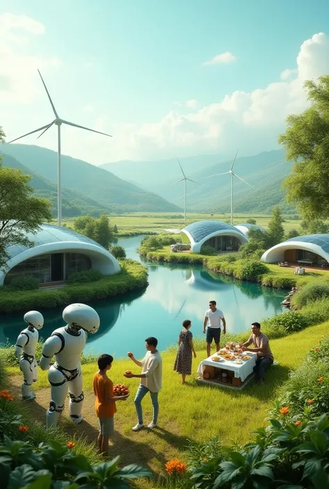  4 futuristic houses with solar panel roofs in a small hill next to the lake , That you CAN SEE 3 robots picking fruit and 2 wind antennas ,  that one of the robots is sharing fruit with 3 people who were having a picnic ,  that you can also see that there...