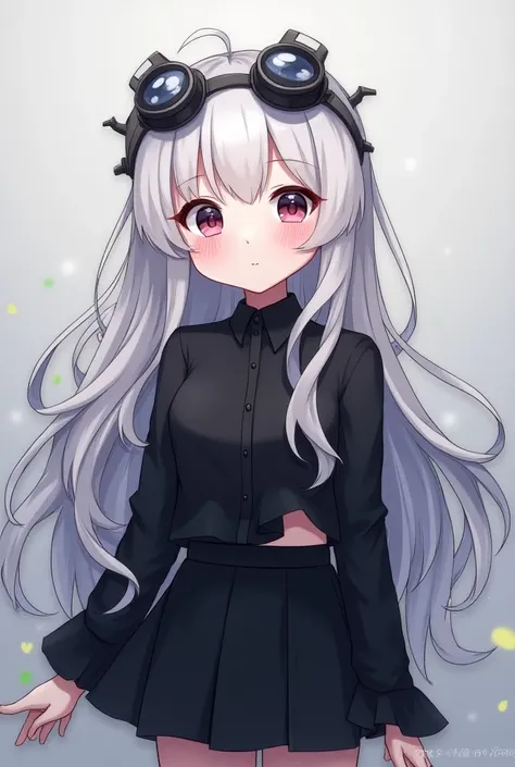 Anime girl with white hair , lenses above the head ,  a black shirt a little bare above, slightly short black pants and a skirt and cute face with closed eyes