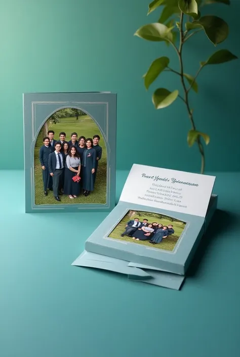  create artificial intelligence image of third year graduation invitation.  Minimalist invitation , Is it formal . Invitation to open  (folding)  for printing
with a photo of the entire gang +  written inviting to graduation  (local, Data, Schedule etc ) +...