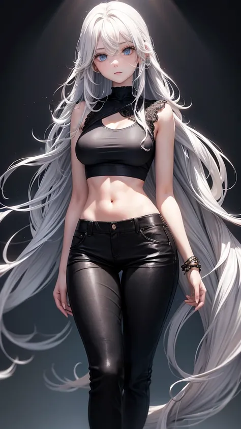 Girl with long white hair with waves, blue eyes and small waist and medium breasts
Black casual wear and loose pants 

