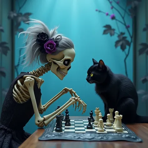 surreal wide angle realistic photoshoot of the profile of a whimsical, quirky young female skeleton with strong facial features and a fluffy whimsical black cat while playing chess. the skeleton is dressed in a sleeveless black lace dress, with curly grey,...