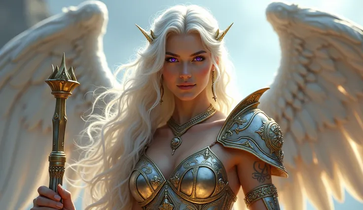 ((ultra-detailed face and eyes: 1.3)), ((masterpiece, highest quality, Highest image quality, High resolution, Raw photo, 8K)), a sexy valkyrie with athletic and elegant complexion, with platinum blonde hair that cascades over her shoulders and purple eyes...