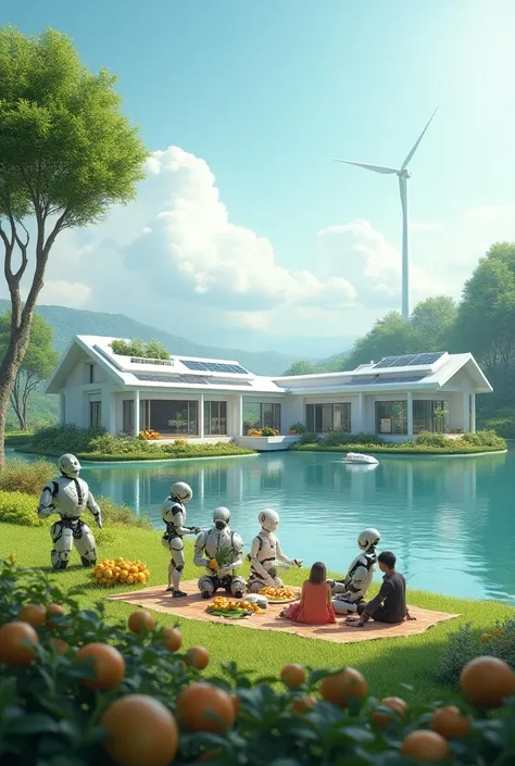  FOUR futuristic houses with solar panel roofs in a small hill next to the lake ,  that you SEE THREE robots taking fruit from THREE trees and TWO wind antennas , that A robot is sharing fruit with THREE people who were having a picnic ,  that you can also...