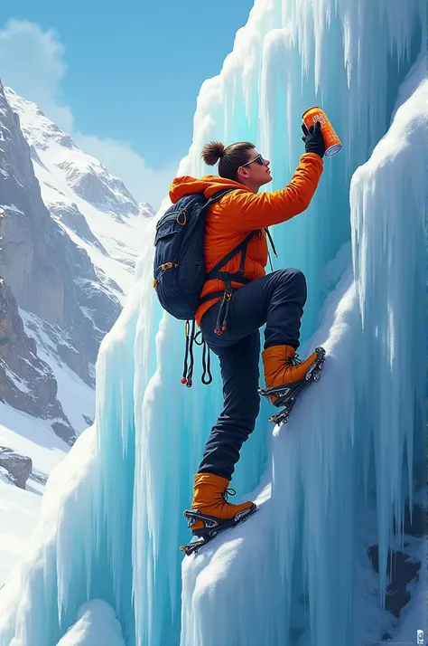 Drinking a canned orange drink while ice climbing.