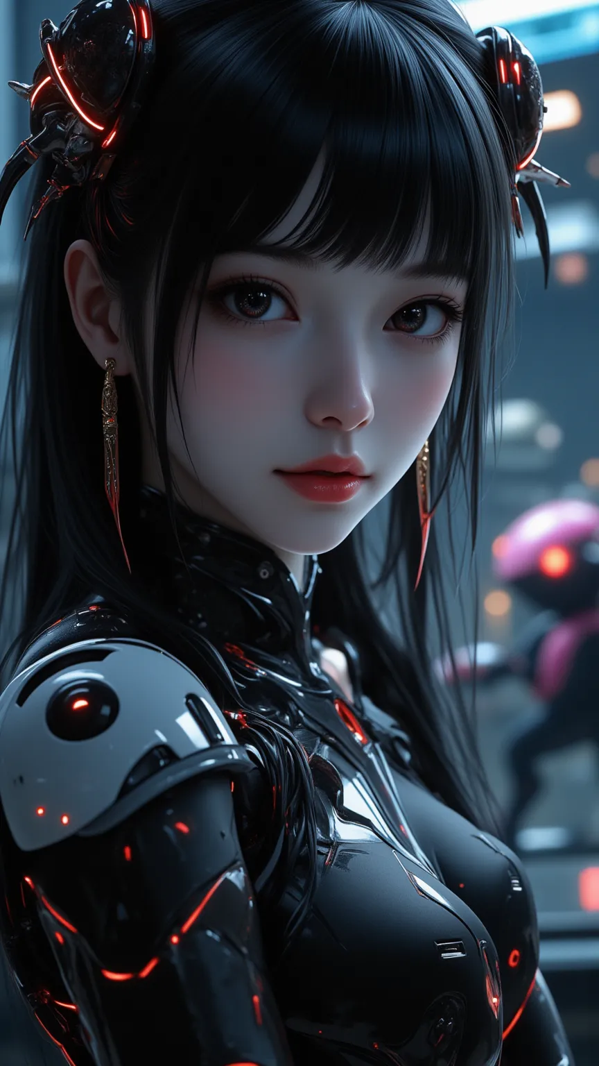 ((best quality)), ((masterpiece)), (detailed), perfect face of cyberpunk mecha japanese girl, young, pure, pale, face blush, shi...