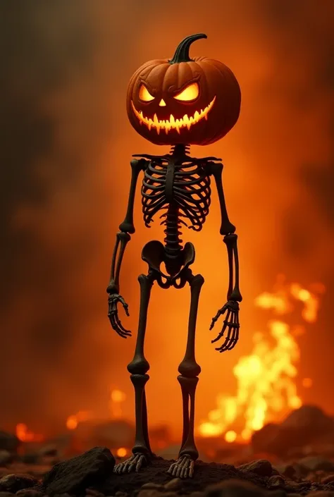 Skeleton with the head of a winking jack-o-lantern, with a fire in the background
