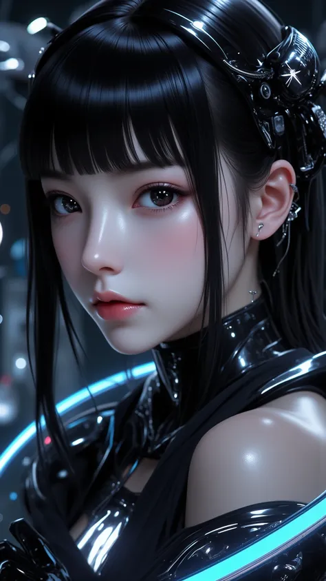 ((best quality)), ((masterpiece)), (detailed), perfect face of cyberpunk mecha japanese girl, young, pure, pale, face blush, shi...