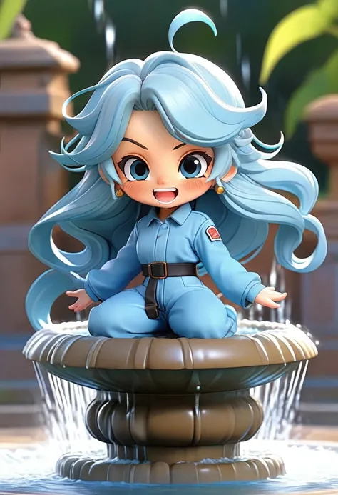  light blue long hair　Twin-tailed Chibi Character、Coveralls、 A big big fountain with lots of water gushing out、Smiling and playing under the water of the fountain 　Fountain blue sky 　Full Body Espian　